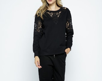 New VOCAL Jogger sweatshirt set black plus & reg sizes lace detail pants top 2-piece set athletic leisure wear  western vacation compfy