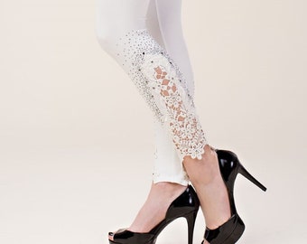New VOCAL White Sexy Dressy Leggings Pants Lace Rhinestones