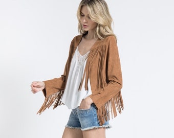 new VOCAL western cropped fringe jacket bohemian hippie cowgirl tuff SM-XL natural & camel hottest trend leisure wear Woodstock