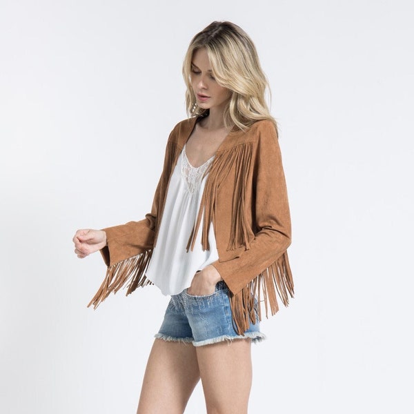 new VOCAL western cropped fringe jacket bohemian hippie cowgirl tuff SM-XL natural & camel hottest trend leisure wear Woodstock