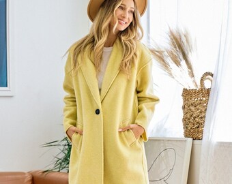 new ON BLUE designer wear Womens daily basic coat solid long trench duster blazer limited edition Sm-XL Yellow, Sage, Pink western bohemian