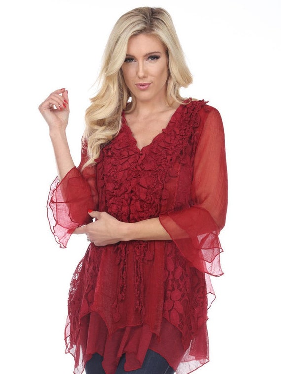 New Pretty Angel Gorgeous Burgundy Tunic Blouse Ruffles Lace Sm