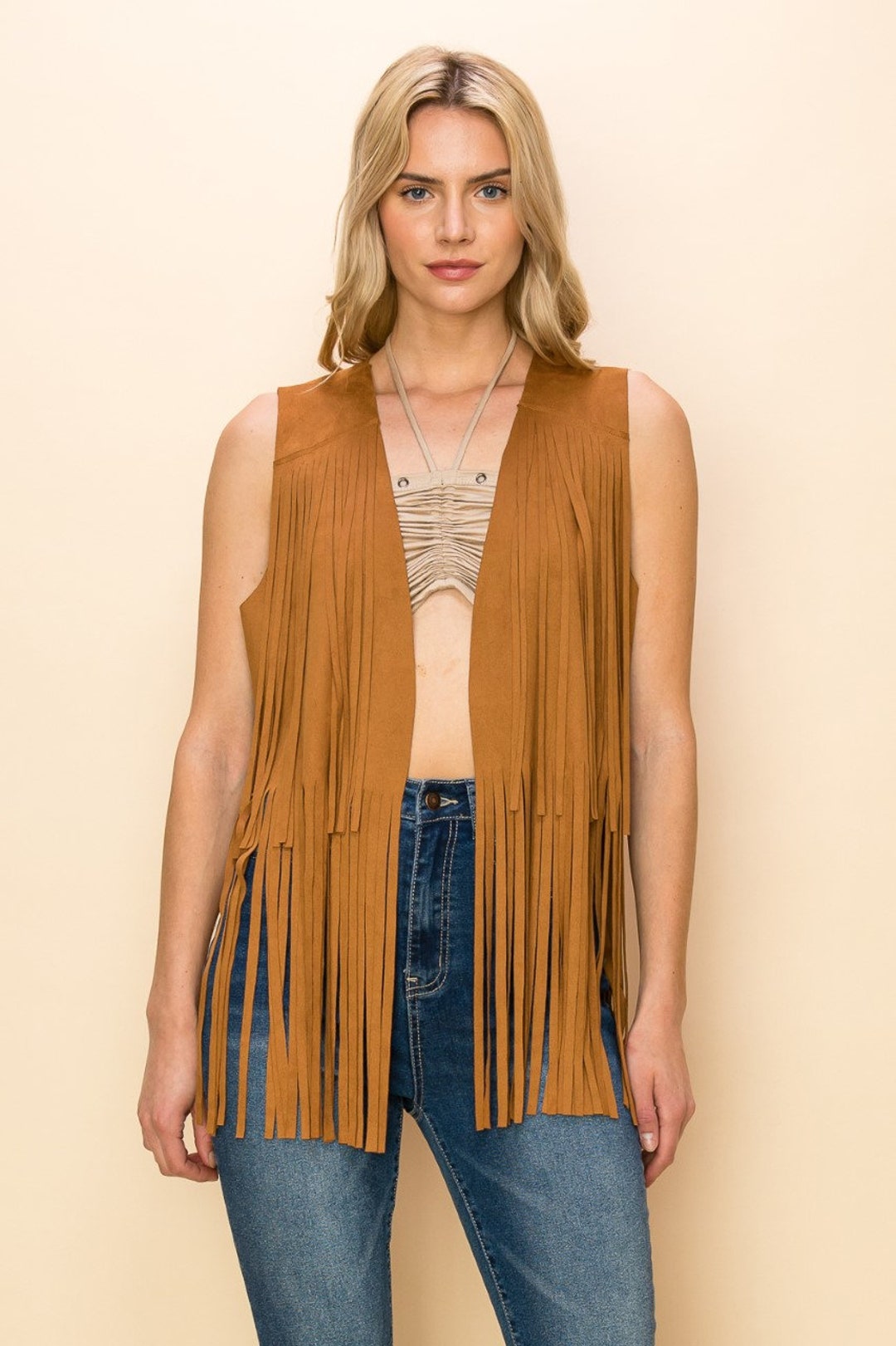 New VOCAL Faux Suede Fringe Tassel Vest Black, Natural or Camel SMXL