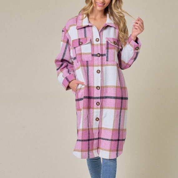 New ON BLUE Duster Shacket Brushed Flannel Long Shirt Jacket Coat Pink  White Sm Md LG Xlg Button Down Western Bohemian Pockets Barbie 