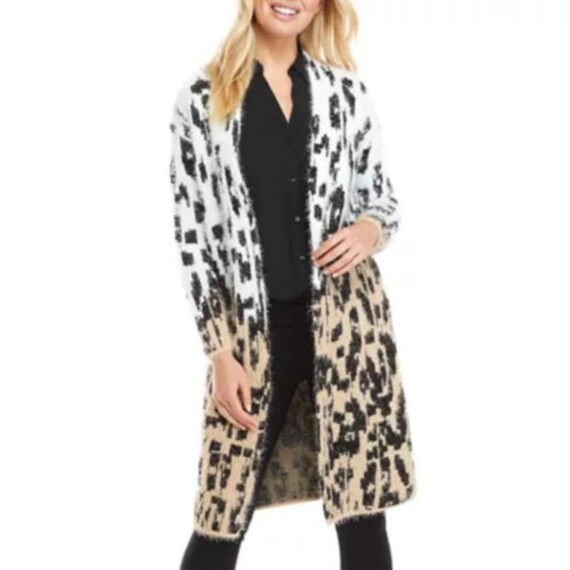 New Directions Ombre Animal Print Cardigan Duster Sweater Medium Leopard Cheetah Bohemian Western