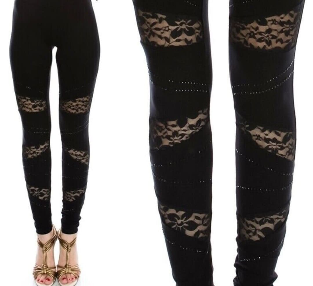 Slenderizing New VOCAL Leggings Pants Black Mesh and Rhinestones SM-XXL Fitted ...