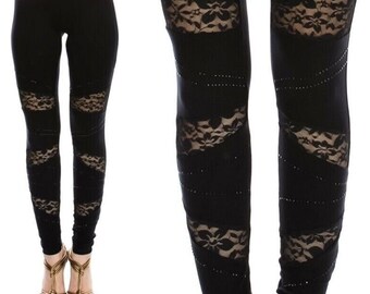 new VOCAL leggings pants black mesh and rhinestones SM-XXL fitted slenderizing slimming rocker Harley biker western