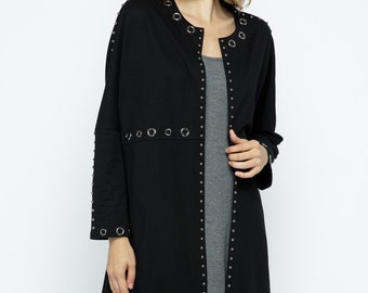 new VOCAL coat duster cardigan black eyelet studded long sleeve western Bohemian Magnolia Stevie Knicks rocker SM-XL classic stylish