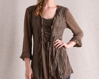 NEW pretty angel tunic top blouse western plus & reg sizes, SM-4X slenderizing slimming corset tie front brown RARE Limited Edition Bohemian