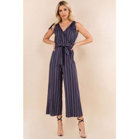 Navy striped tie bow palazzo jumpsuit cheap