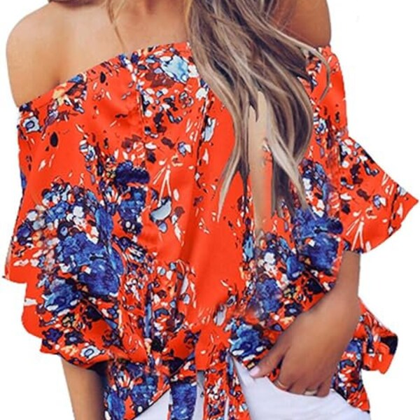 new DYNAS FASHIONS off shoulder beautiful classy floral top (3-colors) Sm-2X resort dressy casual blouse Orange / Black Magnolia shabby Chic