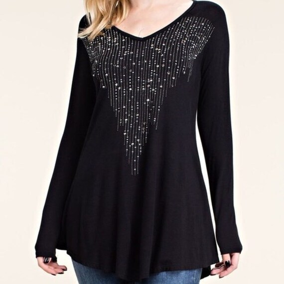 New VOCAL Black Bling Rhinestones Shirt Tunic SM-3X Womens - Etsy