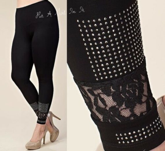New VOCAL Womens PLUS SIZE CRYSTAL CROCHETED LACE BLACK LEGGINGS PANTS 1X  2X 3X