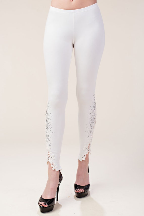 Buy New VOCAL White Sexy Dressy Leggings Pants Lace Rhinestones Western  Bohemian Bling SM-XXL Slimming Slenderizing Shabby Chic 3-colors Online in  India 