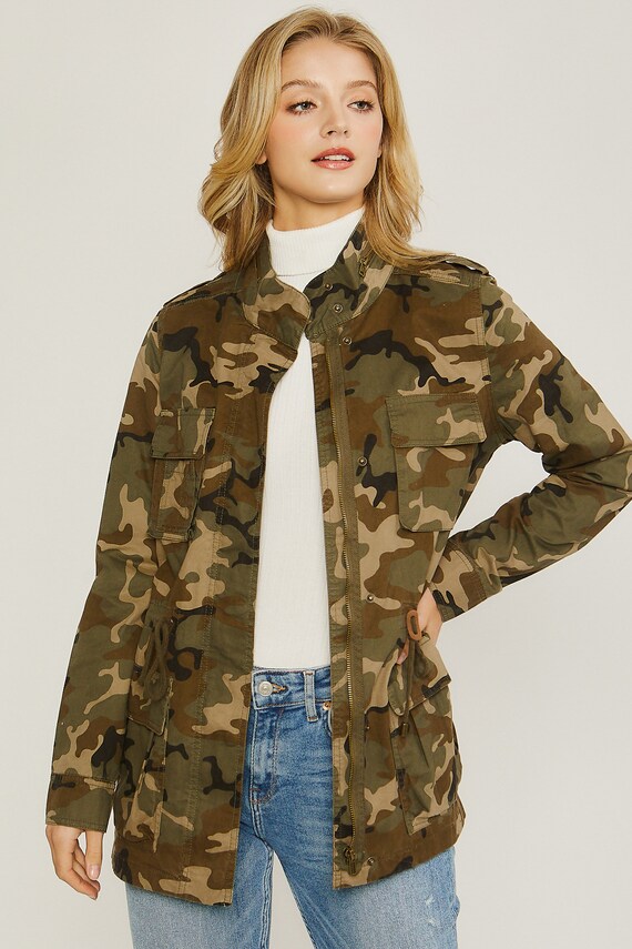 Chaqueta militar verde militar para mujer, chaqueta con bordado Floral en  la espalda, cintura con cordón