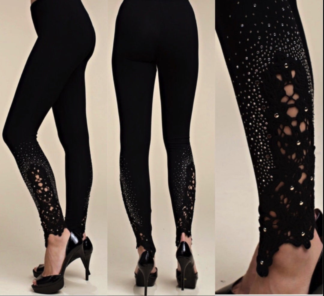 New Vocal Sexy Dressy Black Leggings Pants Yoga SM-4X Lace and Bling  Rhinestones Athletic Dressy Leisure Wear Reg/plus Bohemian Shabby Chic 