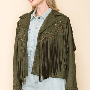 new VOCAL suede fringe cross stich vintage western jacket Olive SM-XL boho rocker cowgirl flare