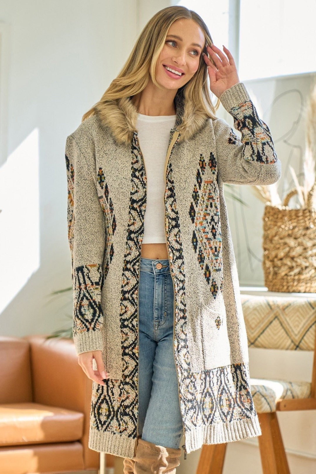 New ON BLUE Sweater Cardigan Faux Fur Trim Hooded Yellowstone Aztec ...