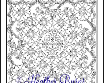 Coloring Page/Botanical Tile Mandala to Color/Adult Coloring/Botanical Coloring/Unique Coloring Pages