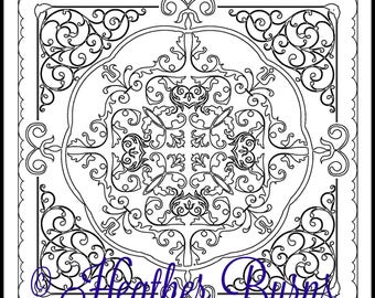 May include: Black and white intricate design with a square frame and a floral pattern in the center. The design is symmetrical and features a repeating pattern of leaves and swirls. The text "Heather Burns" is at the bottom of the image.