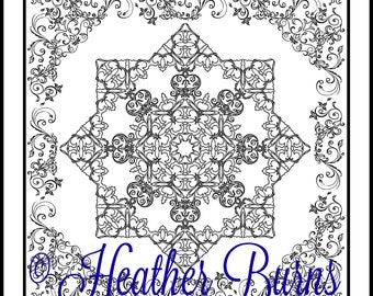 May include: Black and white intricate design with a floral pattern. The design is symmetrical and features a large central motif surrounded by smaller motifs. The design is framed by a border of smaller floral motifs. The text "Heather Burns" is written in cursive at the bottom of the design.