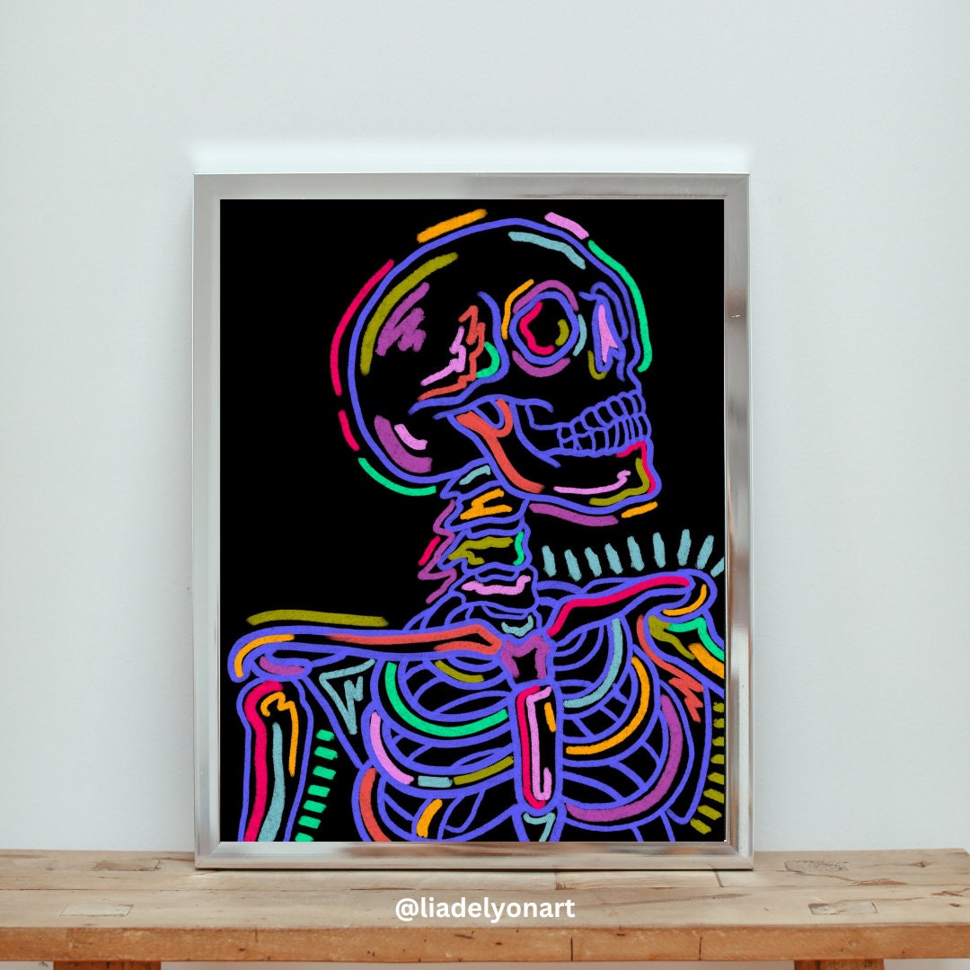 Skeleton Art Print, Neon Designs, Halloween Art, Skull Art, Wall Art