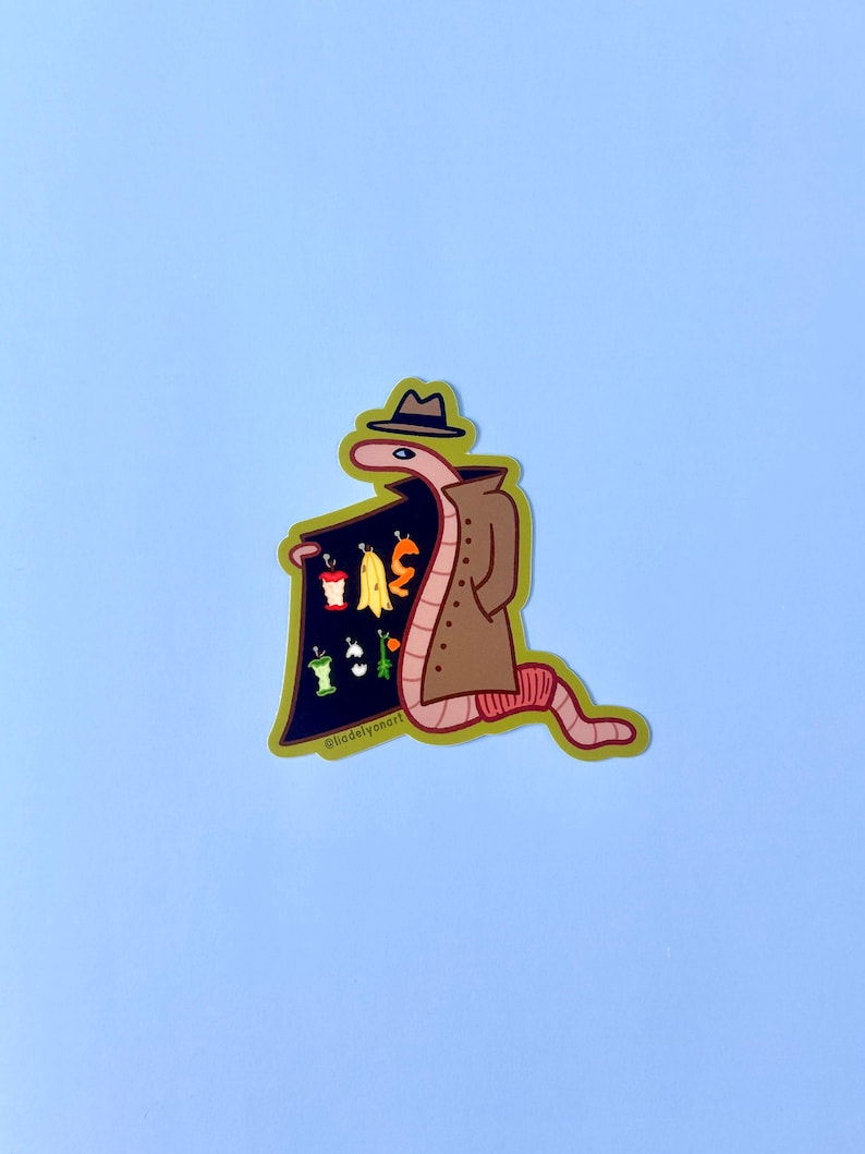 May include: A cartoon worm wearing a brown coat and a hat, holding a sign with a variety of fruits and vegetables. The sign says "@kiddlyonsart".