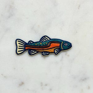 Pu&ograve; includere: Una toppa ricamata colorata a forma di pesce. Il pesce ha una testa blu, un corpo arancione e un dorso verde con piccoli dettagli gialli a forma di stella. La toppa &egrave; bordata di blu scuro e ha pinne color crema.