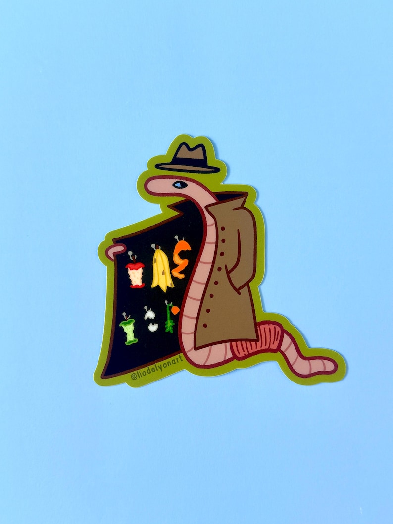 May include: A cartoon worm wearing a brown trench coat and a brown fedora holds a sign with a variety of colorful food scraps. The sign reads "Trash"