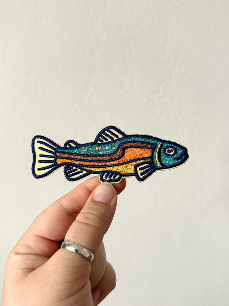 Pu&ograve; includere: Toppa ricamata con un design di pesce stilizzato. Il pesce ha una testa turchese, un corpo arancione e giallo e un contorno blu navy. La toppa &egrave; tenuta da una mano su uno sfondo neutro.