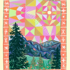 Mountain and Nature Art Print, Folk Art Red
