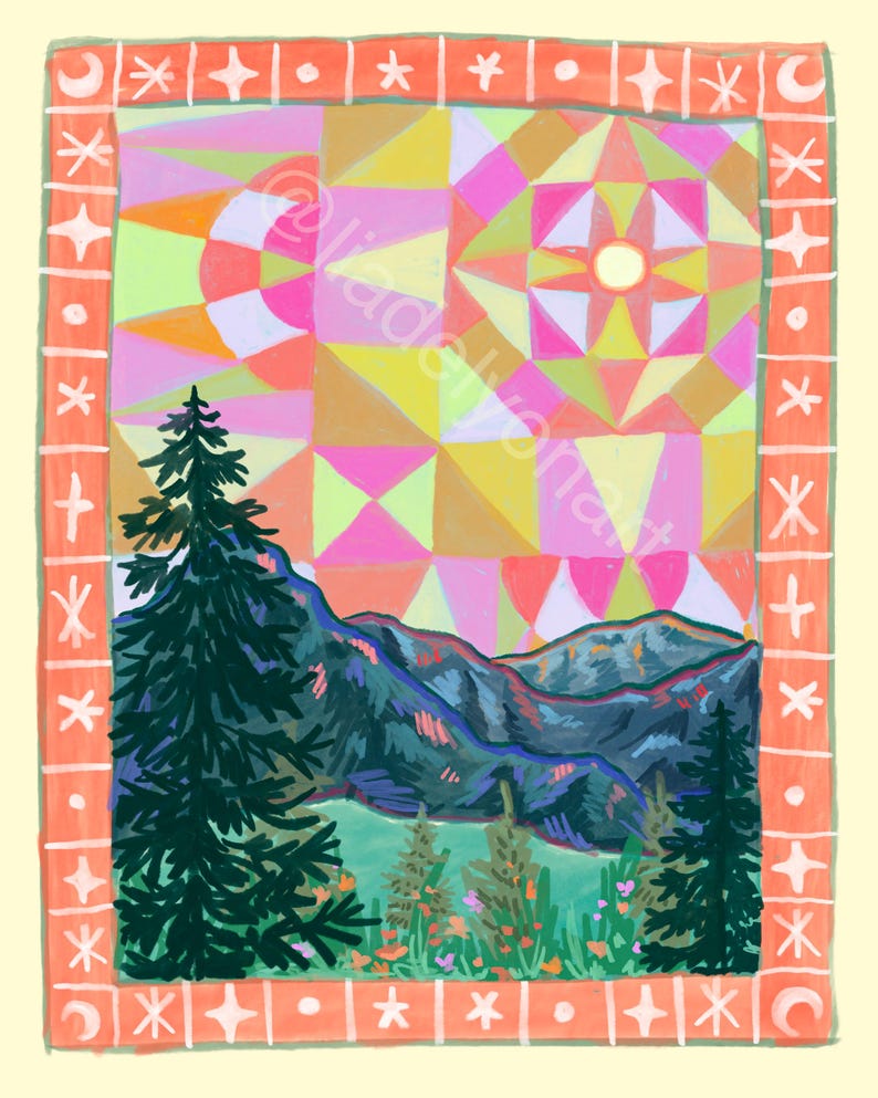 Mountain and Nature Art Print, Folk Art Red