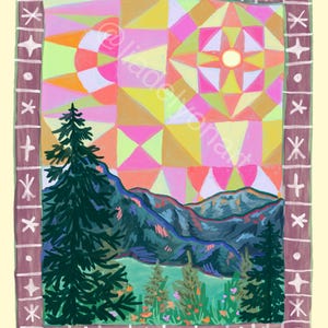Pu&ograve; includere: Stampa artistica di paesaggio colorato con un cielo geometrico, montagne e alberi. L'opera d'arte ha un bordo decorativo con stelle, lune e croci. Il nome dell'artista, @lisa.delyonart, &egrave; visibile nell'immagine.