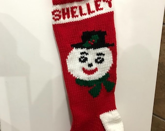 Snowman in all red, Hand Knit Christmas Stocking (WHITE heel, toe and band)