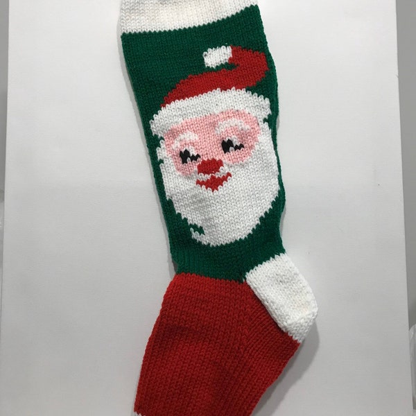 Santa Claus Hand Knit Christmas Stocking (red foot, WHITE heel, toe, and band)