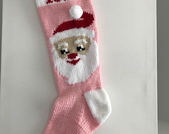 Santa - Pink Santa Claus Hand Knit Christmas Stocking (pink background, sparkle white heel, toe, band)