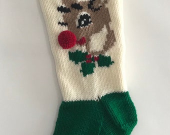 Rudolph - CREAM background Rudolph the Red Nosed Reindeer Hand Knit Christmas Stocking with a GREEN foot and band