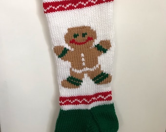 Gingerbread Man Hand Knit Christmas Stocking with red frosting stripes