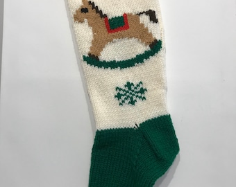 Hand Knit Rocking Horse Christmas Stocking, Cream Background, Personalized Name