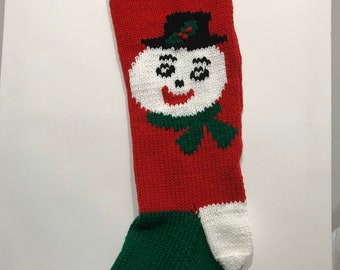 Snowman with Green foot Hand Knit Christmas Stocking (WHITE heel, toe and band)