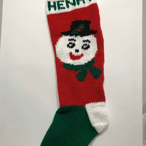 Snowman with Green foot Hand Knit Christmas Stocking (WHITE heel, toe and band)