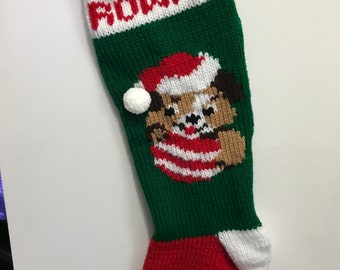 Christmas Puppy with red foot Hand Knit Christmas Stocking (WHITE heel, toe and band)
