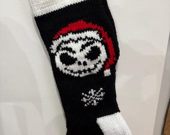 Jack Skeleton with a Santa Hat, Hand Knit Christmas Stocking