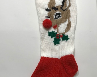 Hand Knit Rudolph Christmas Stocking – White Background, Personalized Name