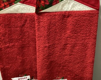 Quilt Topped Christmas Hand Towel Set, Red Terry Cloth