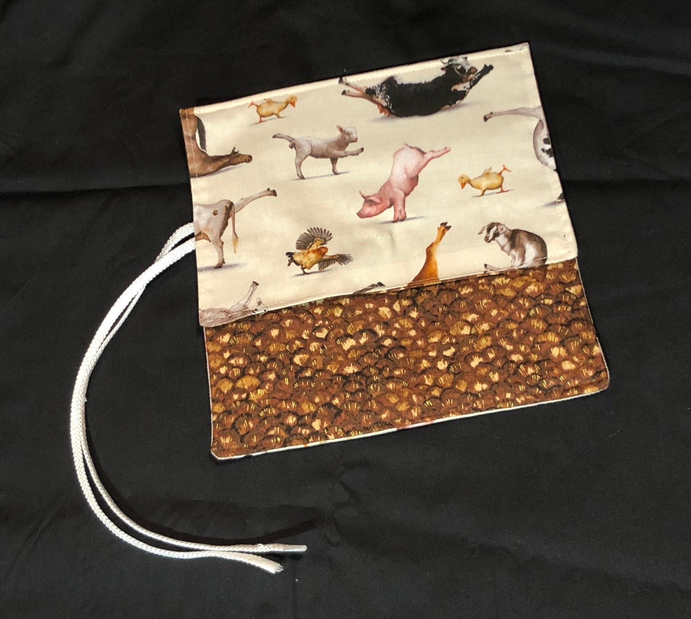 Yoga Farm Animals themed Crochet Hook  DPN case with zippered notion pocket! NEW