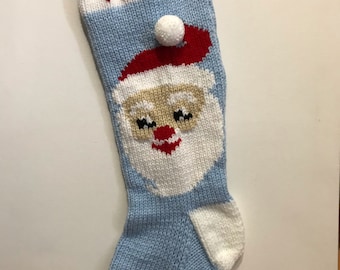 Santa -  Santa Claus Knit Christmas Stocking (baby blue background; WHITE heel, toe, band)