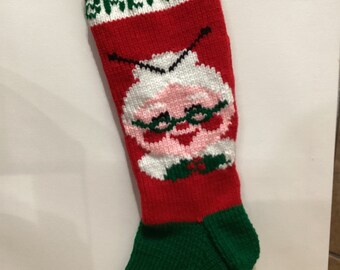 Mrs. Claus Hand Knit Christmas Stocking (all green foot)