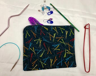 Knit and crochet notion bag in knitting needle print