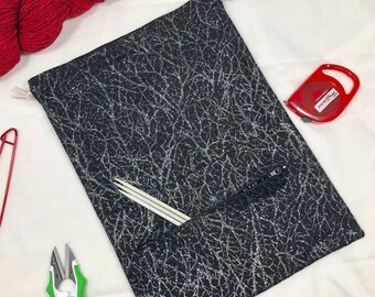 Silver Sparkle Black Project Bag with front pocket